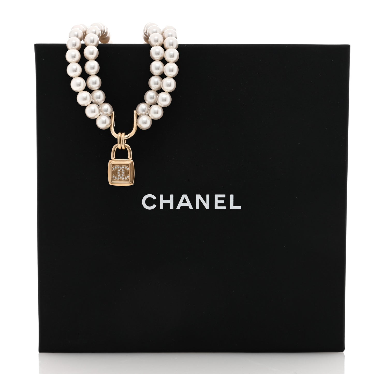 Pearl Crystal CC Lock Choker Necklace Gold Pearly White