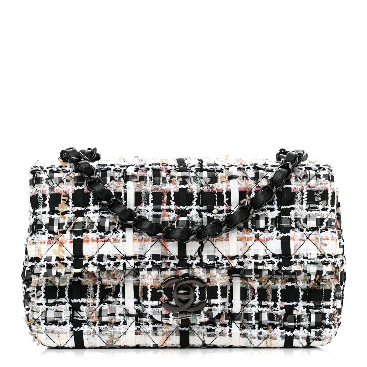 Tweed Quilted Mini Rectangular Flap White Black Multicolor