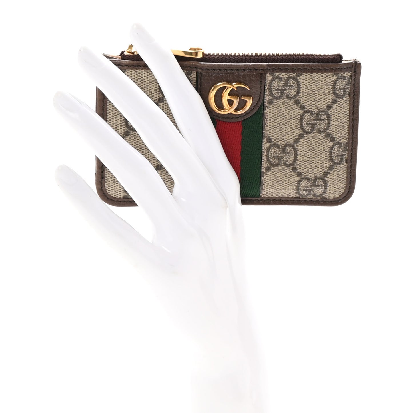 GG Supreme Monogram Web Ophidia Zip Card Case Brown