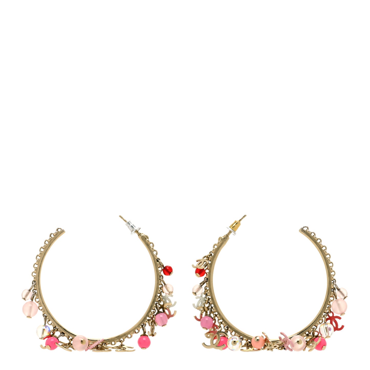 Crystal Bead CC Charm Hoop Earrings Pink Gold