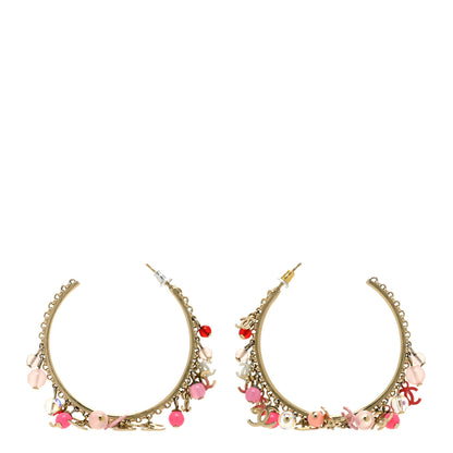 Chanel Crystal Bead CC Charm Hoop Earrings Pink Gold 1 of 4