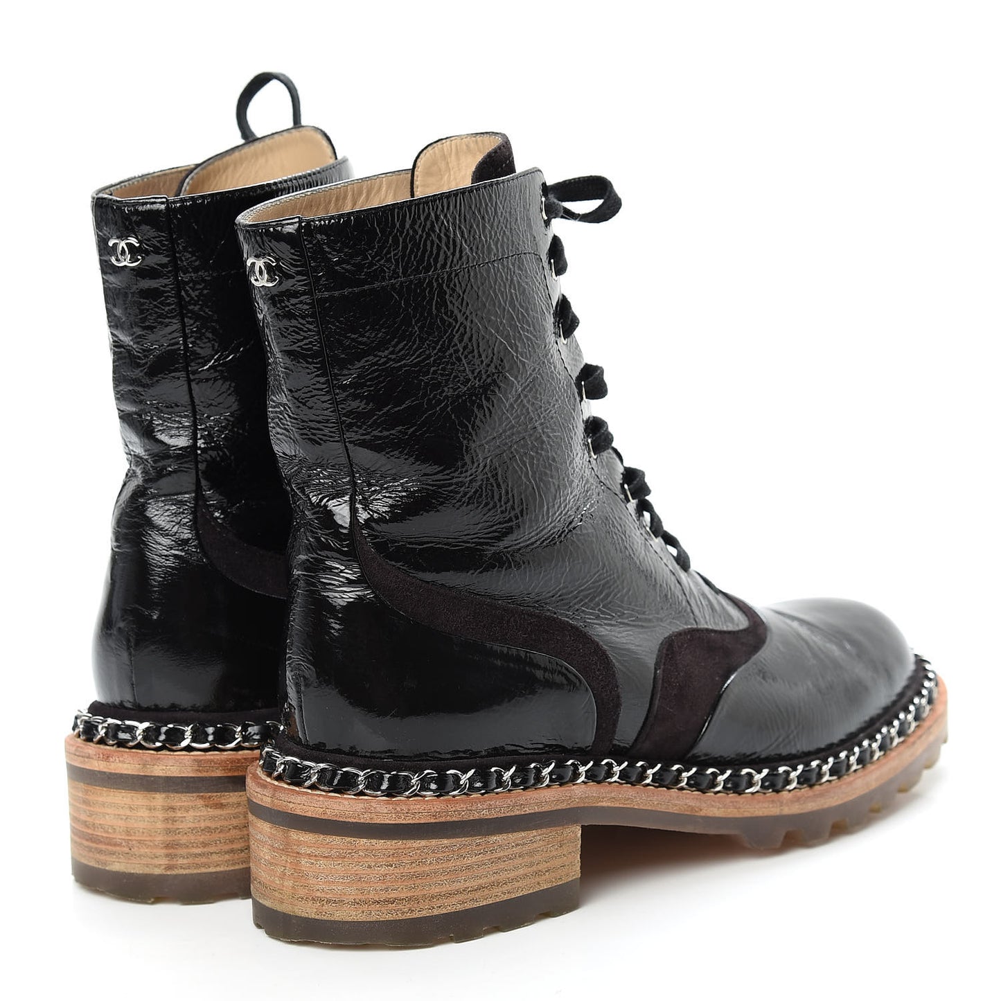 Patent Lace Up Chain Boots 38.5 Dark Brown