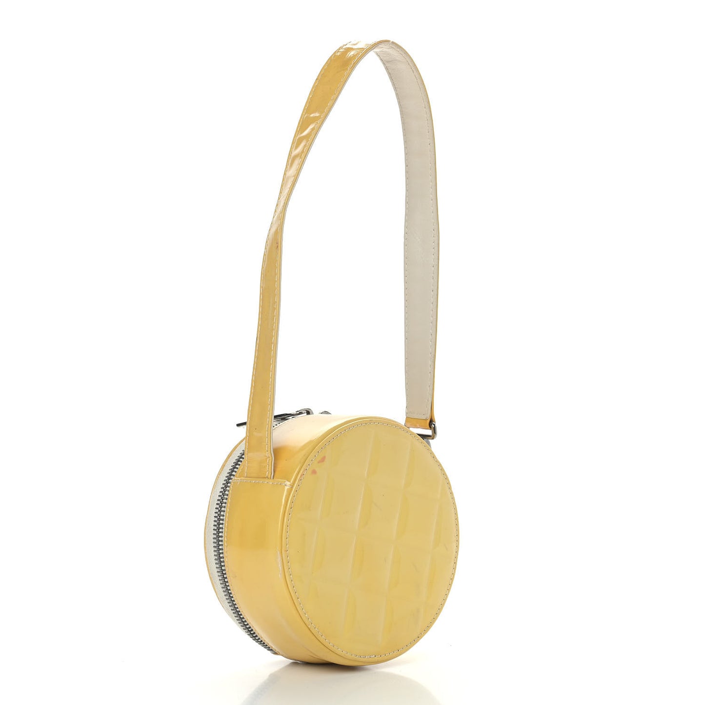 Patent Quilted CC Chocolate Bar Round Shoulder Bag Yellow