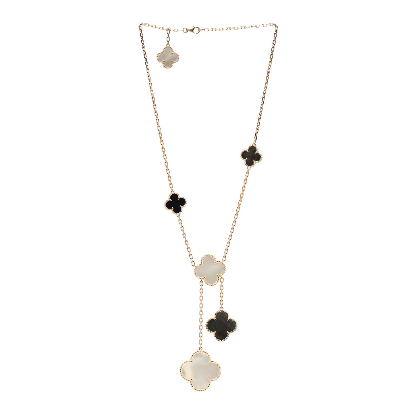 18K Yellow Gold Mother of Pearl Onyx 6 Motifs Magic Alhambra Necklace