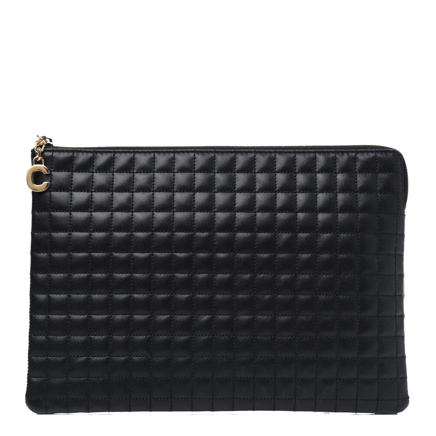 Calfskin Quilted C Charm Pouch Black