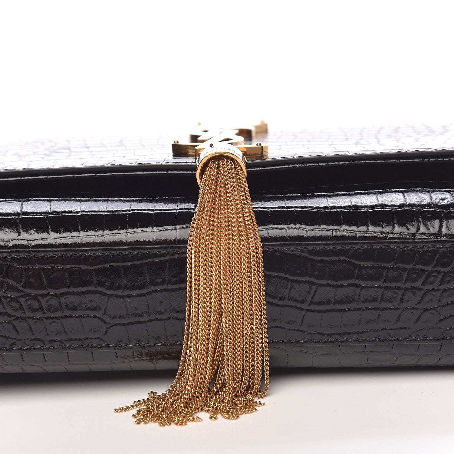 Saint Laurent Calfskin Crocodile Embossed Medium Classic Monogram Kate Tassel Satchel Black 10 of 11