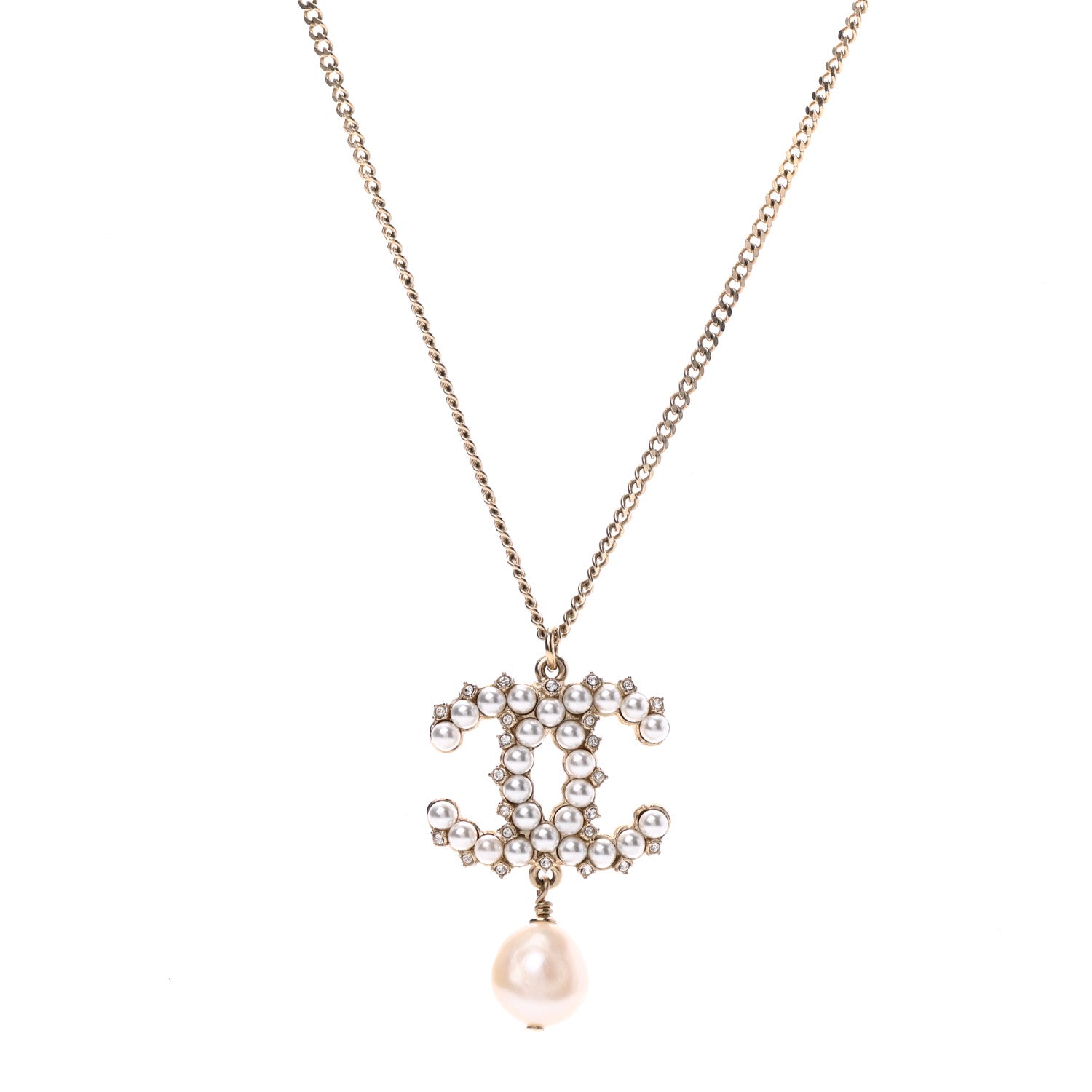 Chanel Crystal Pearl CC Drop Necklace Gold 1 of 5