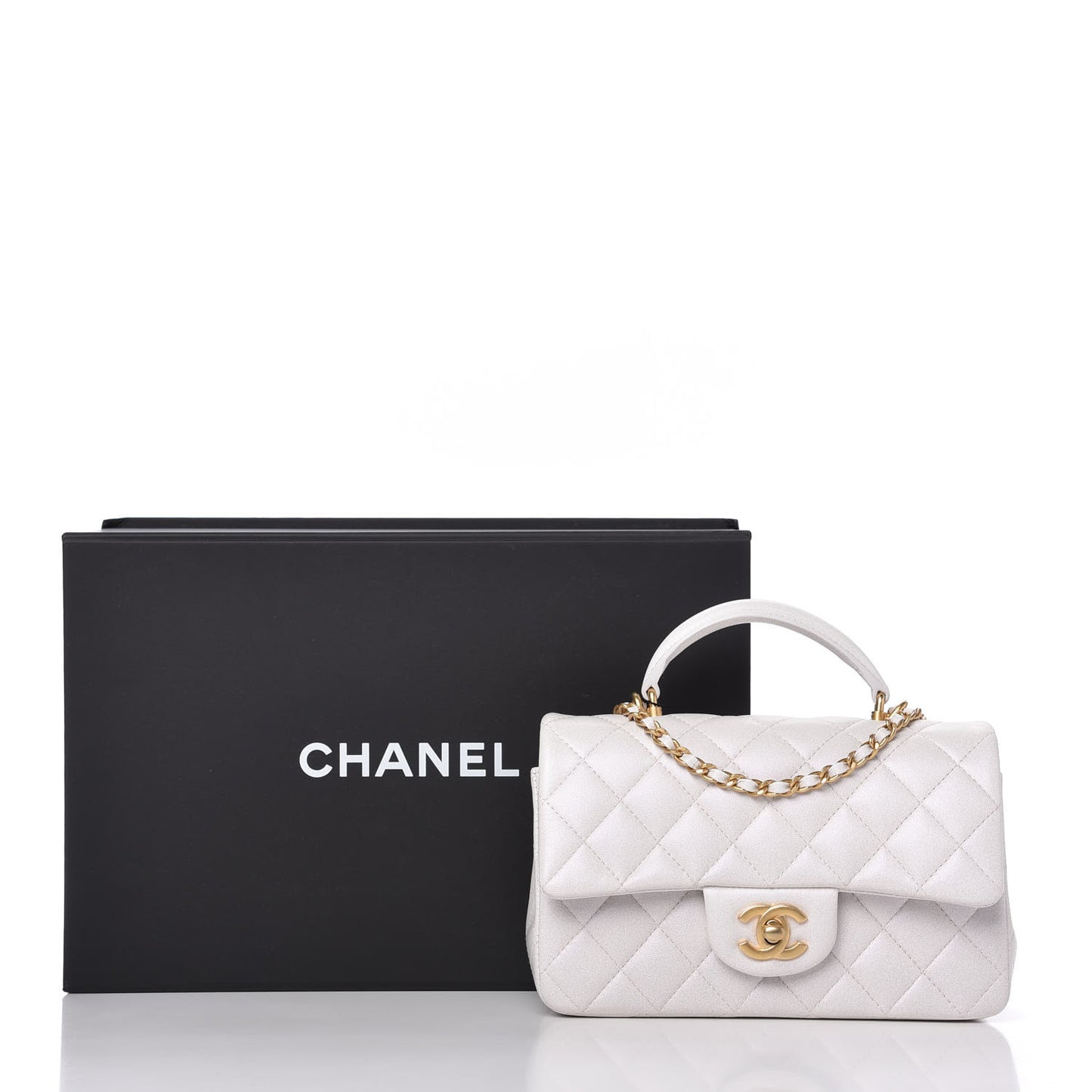Iridescent Lambskin Quilted Mini Top Handle Rectangular Flap White