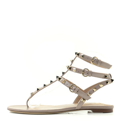 Valentino Garavani Calfskin Rockstud Ankle Wrap Flat Thong Sandals 37.5 Poudre 1 of 9