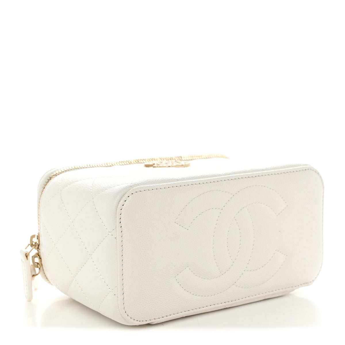 Caviar Quilted Crystal Hearts Small Vanity Case With Chain White