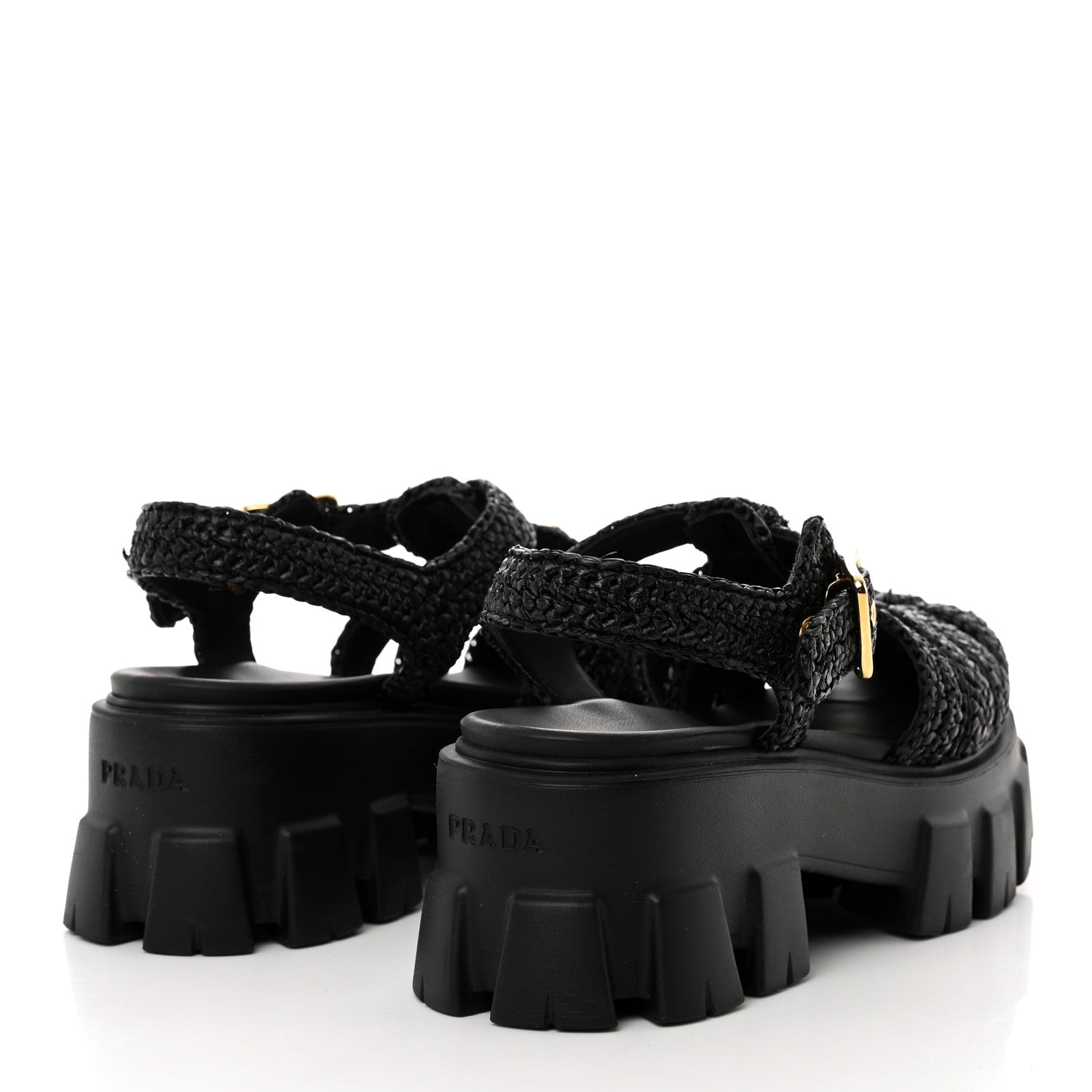 Prada Raffia Metal Triangle Logo Crochet Monolith 55mm Cage Sandals 35 Black 4 of 9