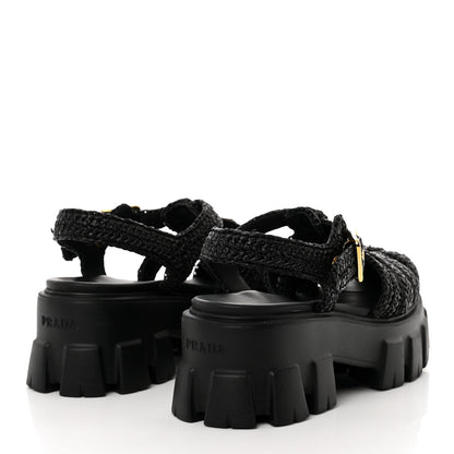 Prada Raffia Metal Triangle Logo Crochet Monolith 55mm Cage Sandals 35 Black 4 of 9