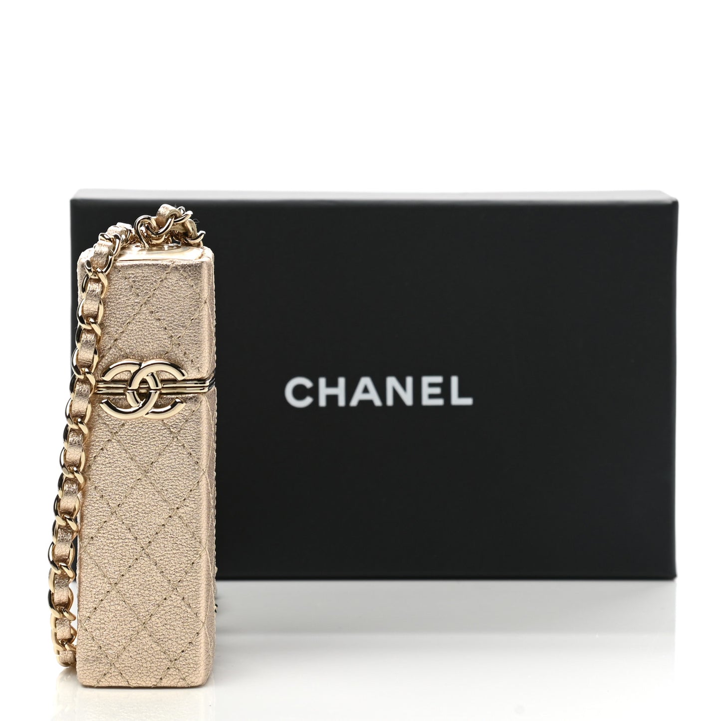 Metallic Lambskin Lipstick Case On Chain Gold