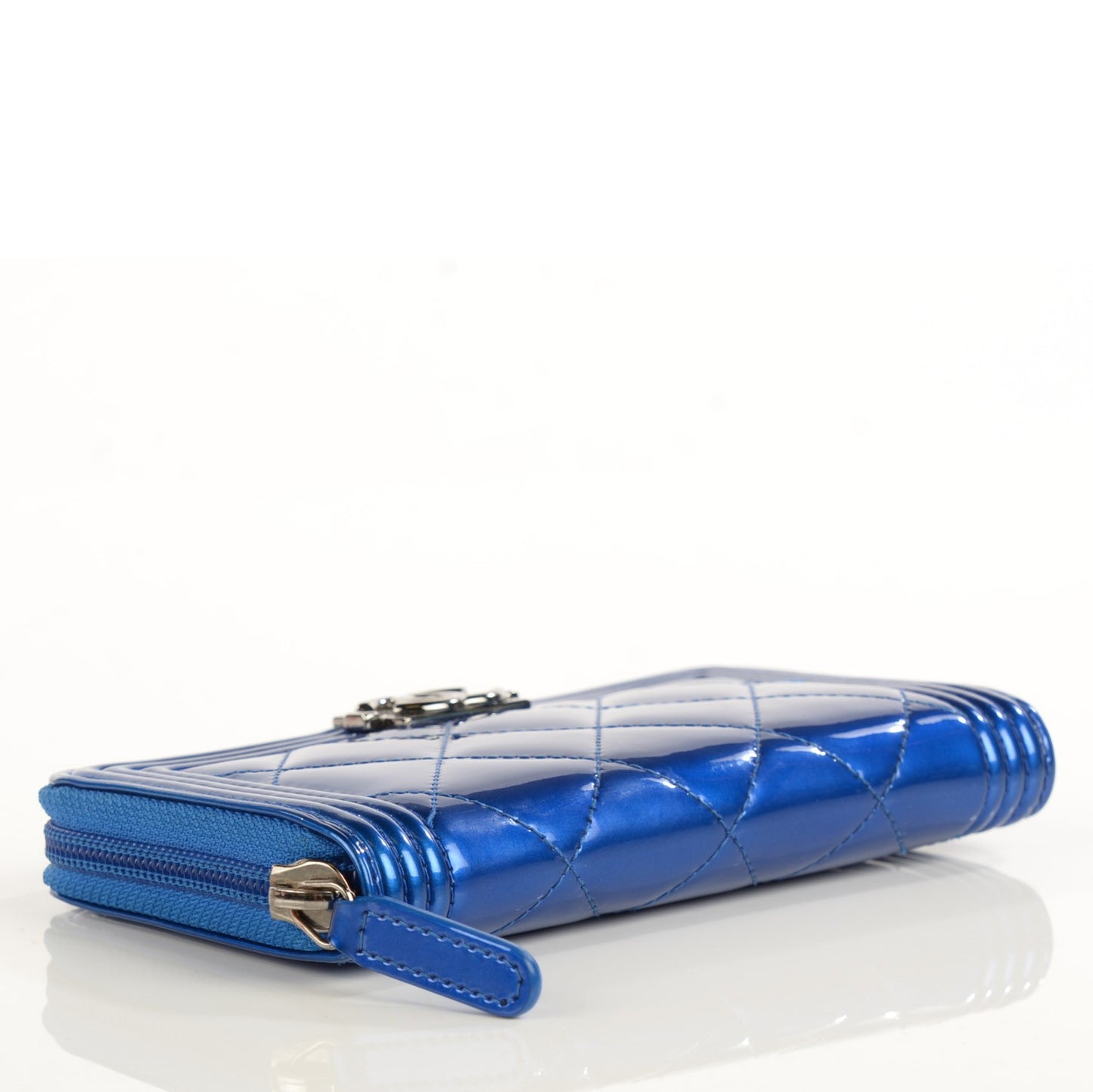 Metallic Patent Quilted Boy Zip Around Wallet Blue