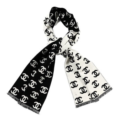 Chanel Wool Cashmere CC Scarf Black White 2 of 3