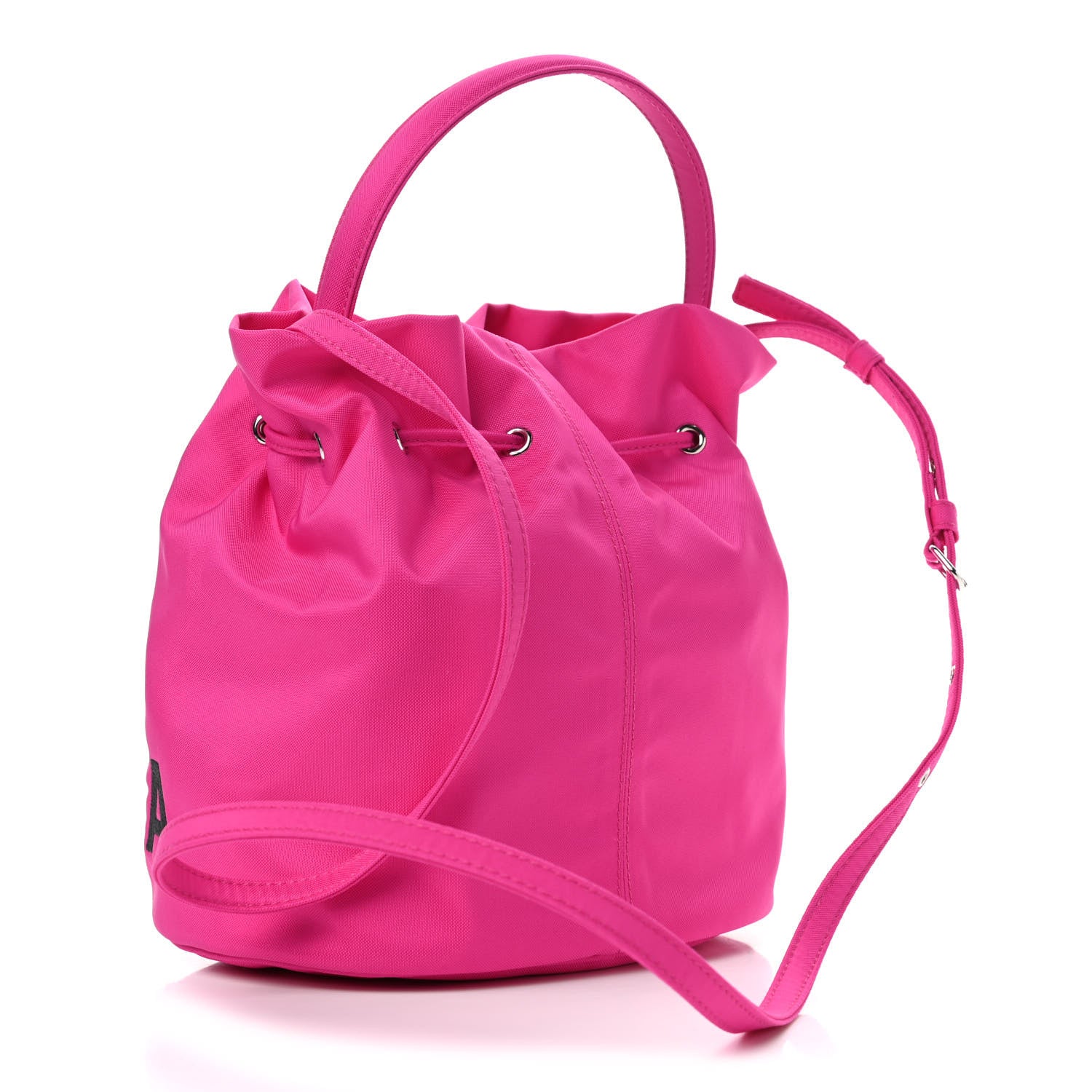 Balenciaga Recycled Sport Nylon Logo Embroidered Small Wheel Drawstring Bucket Bag Fuchsia Black 2 of 4