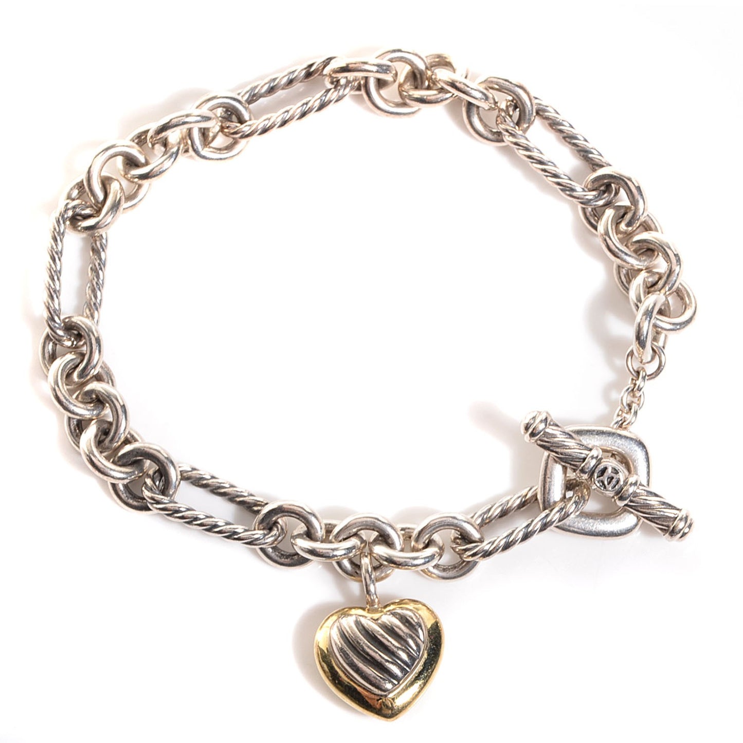 Sterling Silver 18K Yellow Gold Cable Heart Charm Bracelet