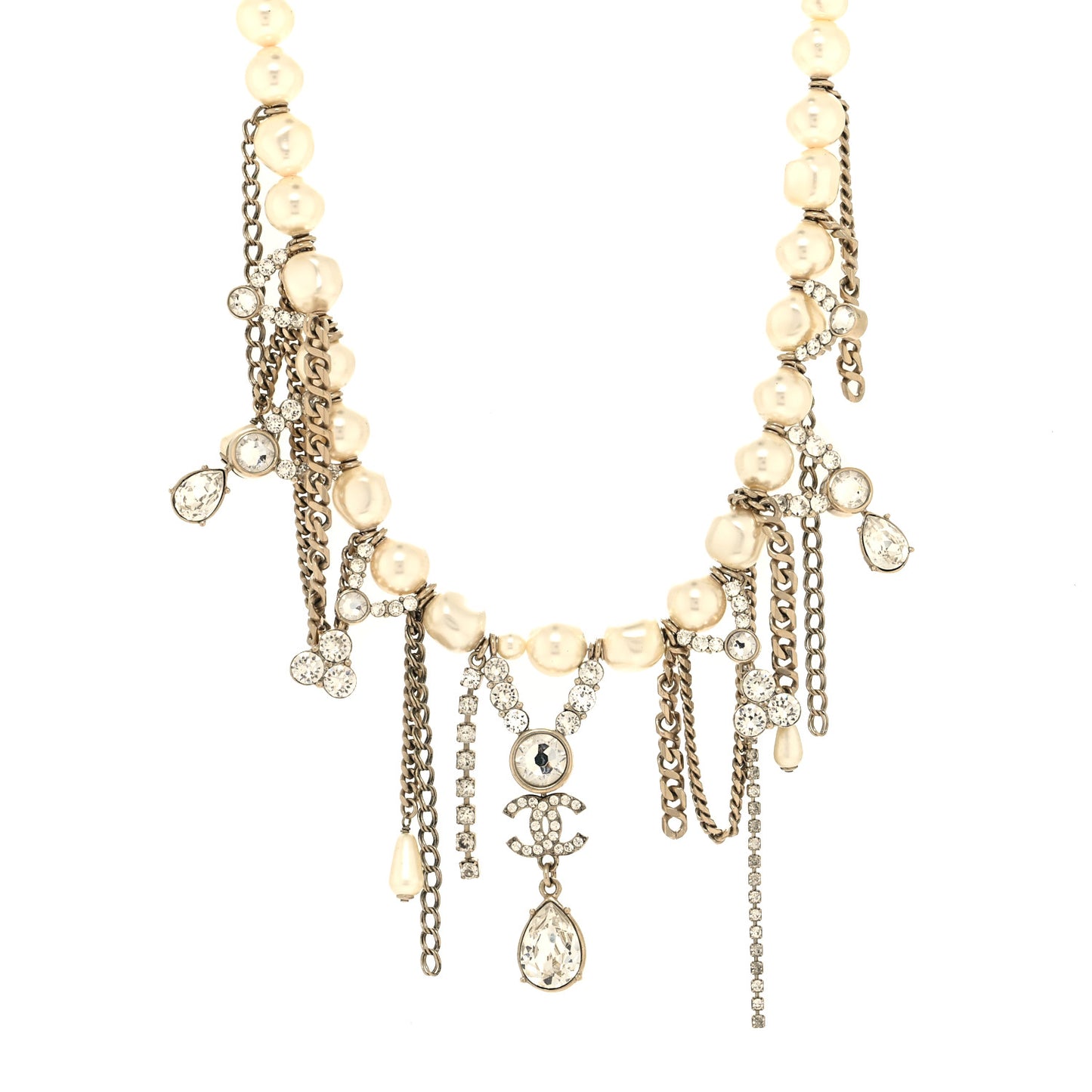Pearl Crystal CC Dangle Short Necklace Gold