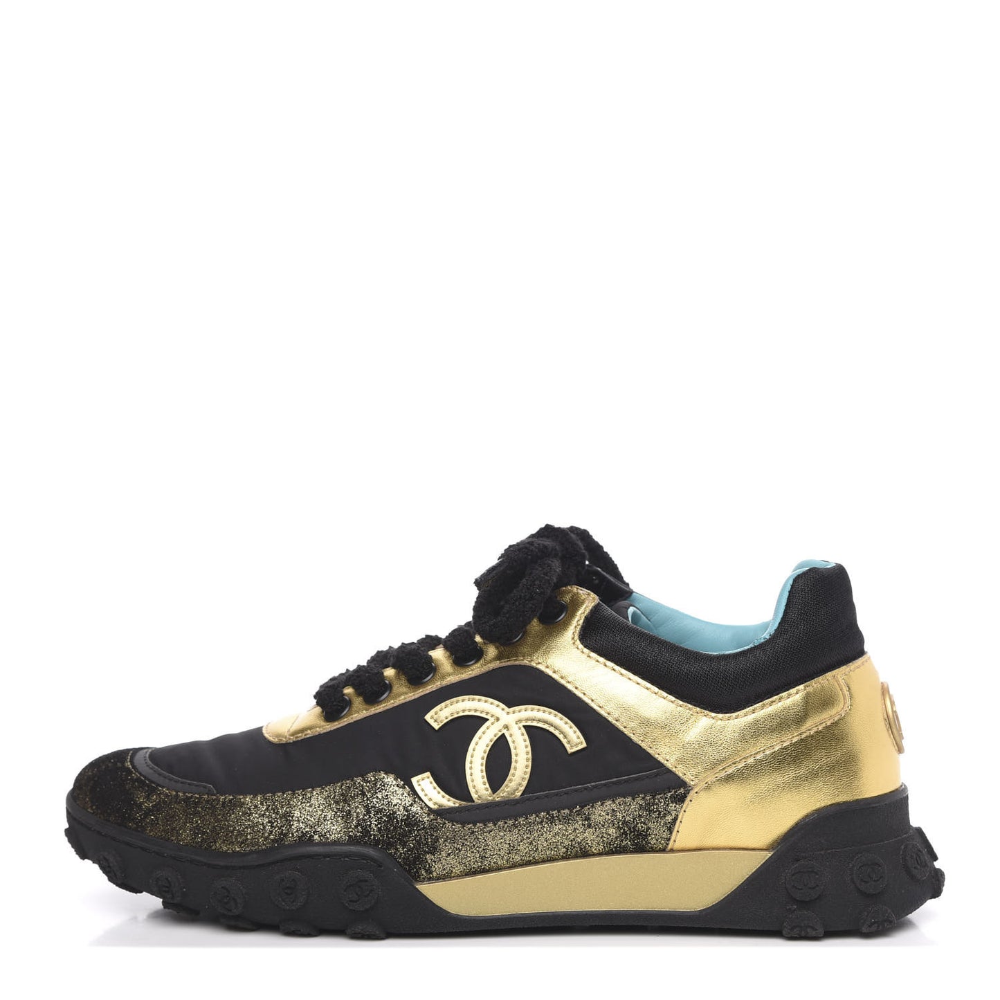 Metallic Lambskin Satin Finish Womens CC Sneakers 37 Black Gold