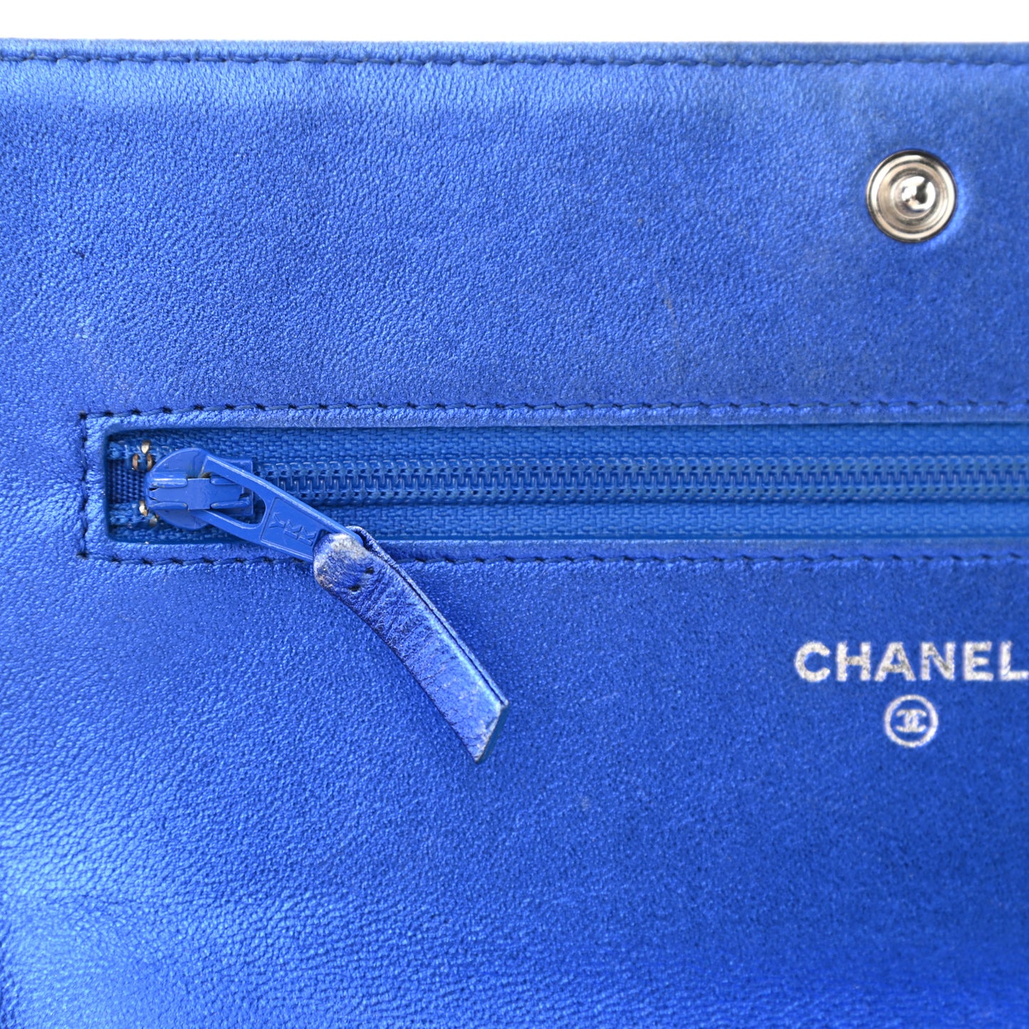 Metallic Patent Calfskin Quilted Boy Wallet On Chain WOC Blue