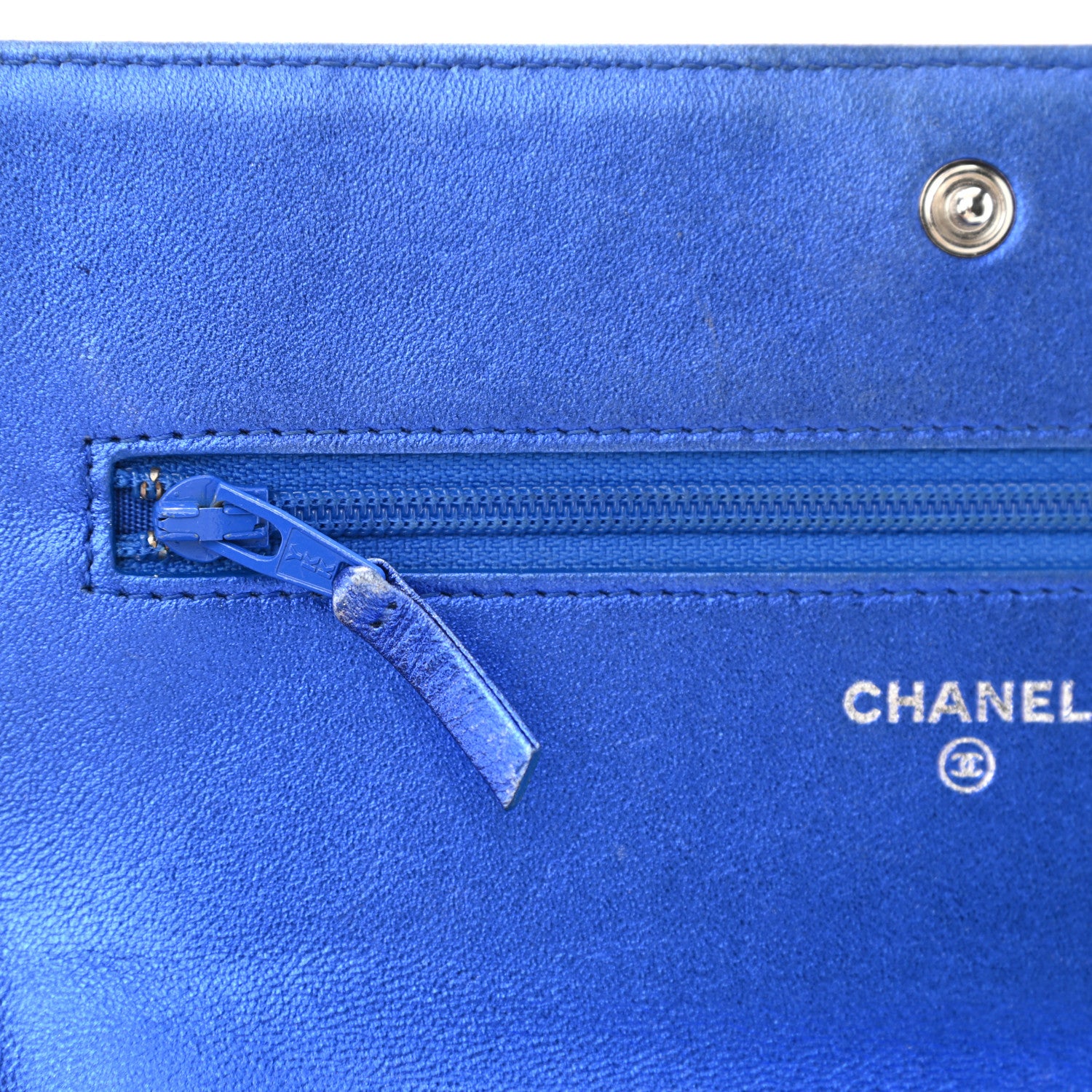 Chanel Metallic Patent Calfskin Quilted Boy Wallet On Chain WOC Blue 11 of 16