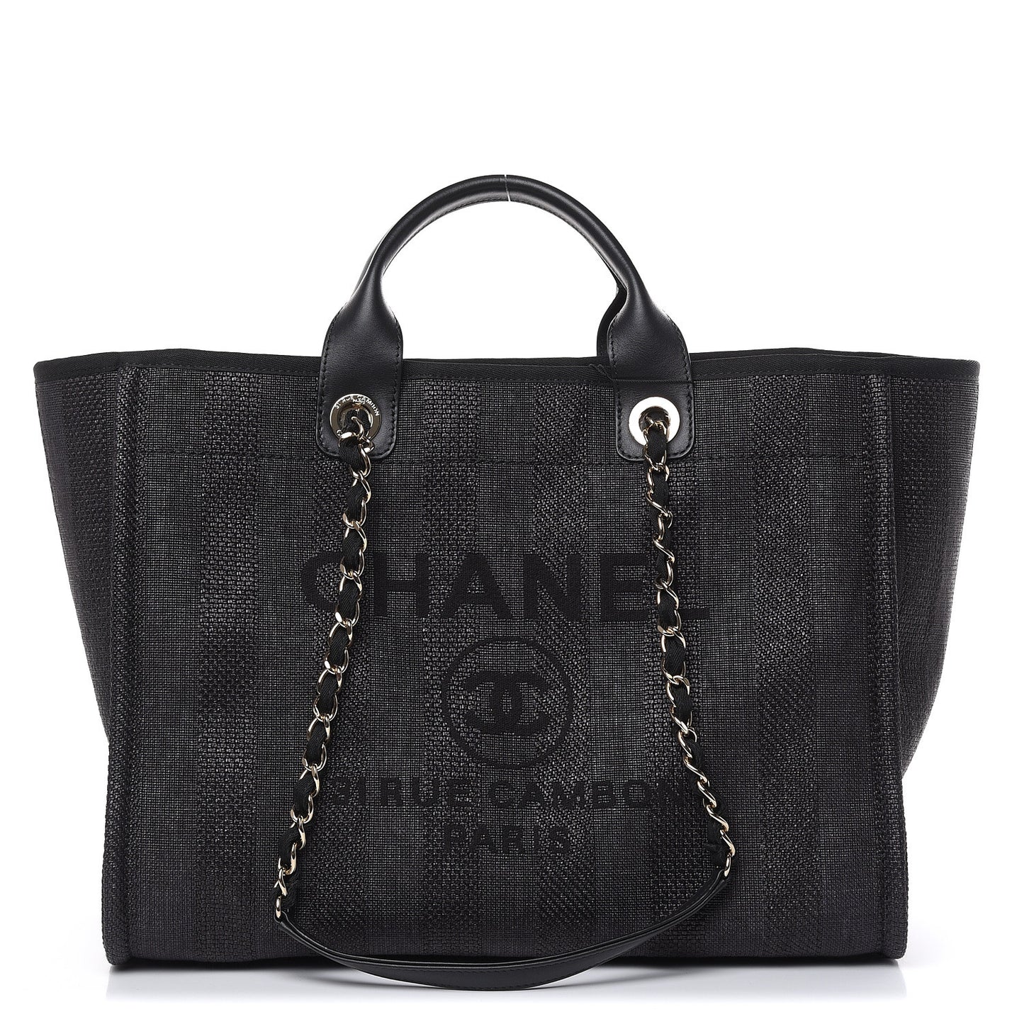 Straw Raffia Calfskin Striped Large Deauville Tote Black
