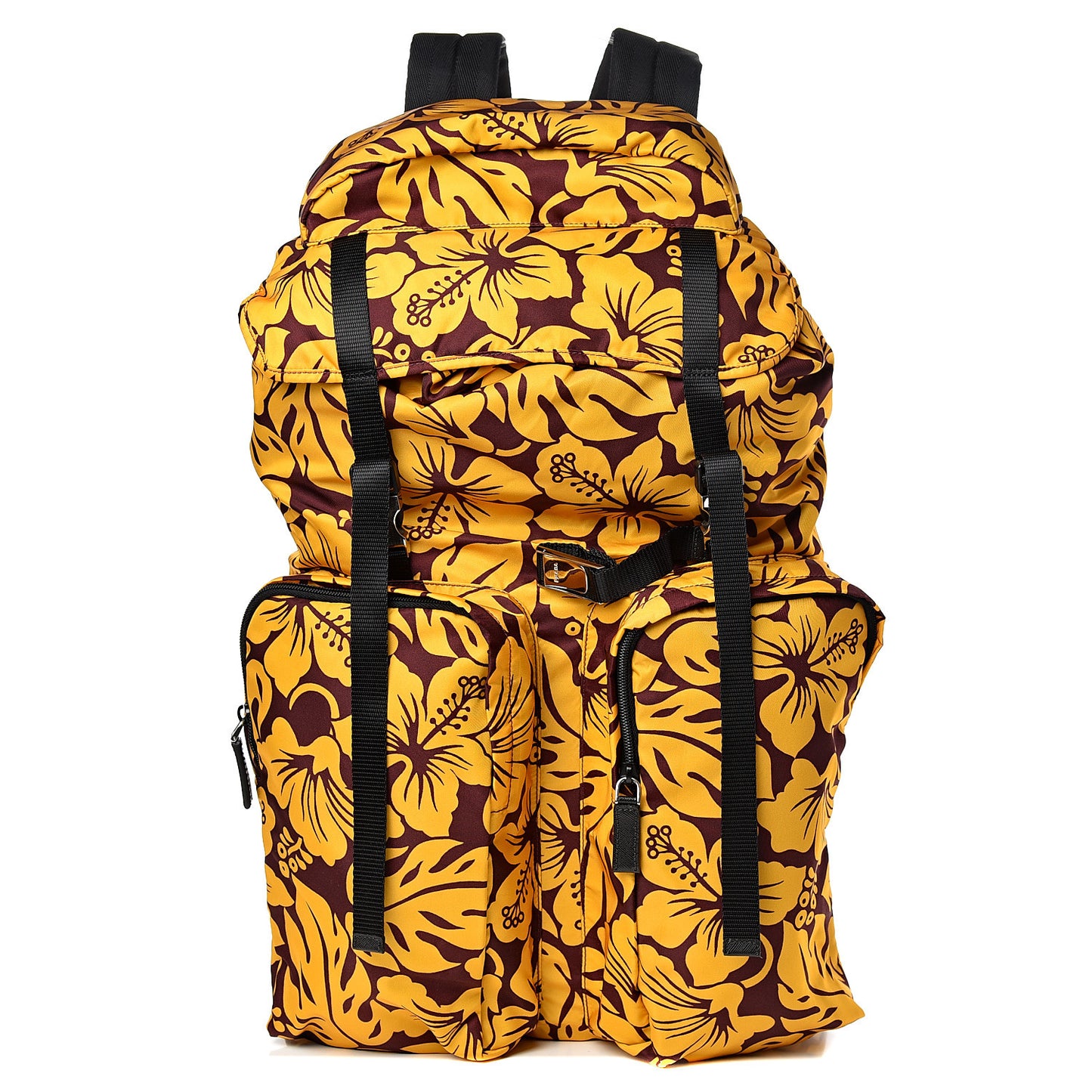 Nylon Hibiscus Print Double Buckle Backpack Zafferano