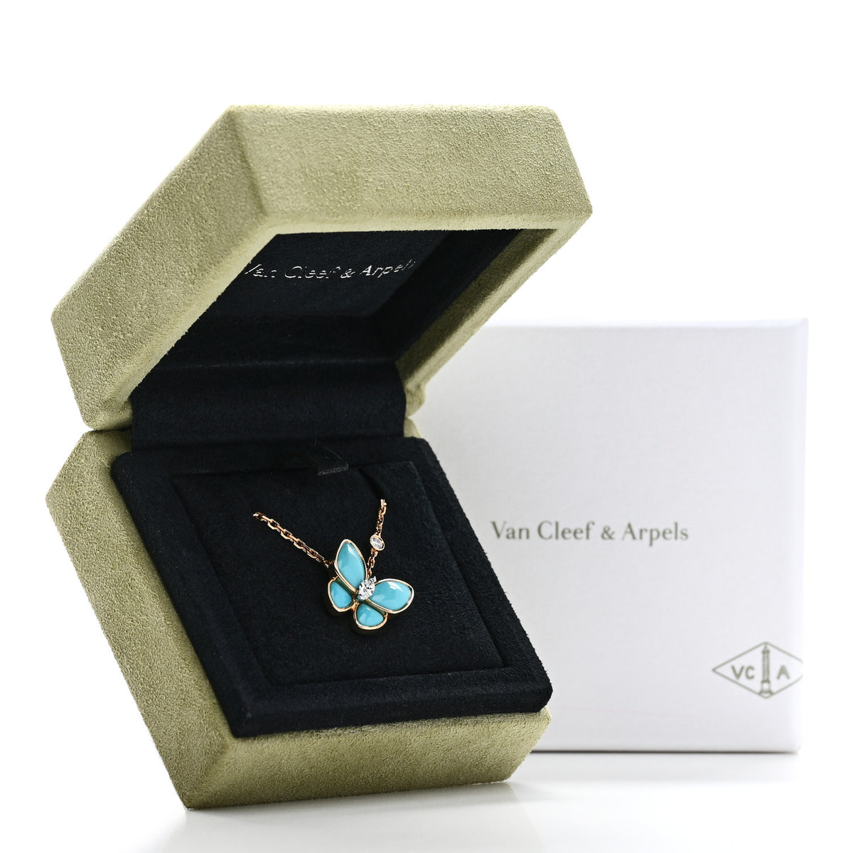 18K Yellow Gold Diamond Turquoise Two Butterfly Pendant Necklace