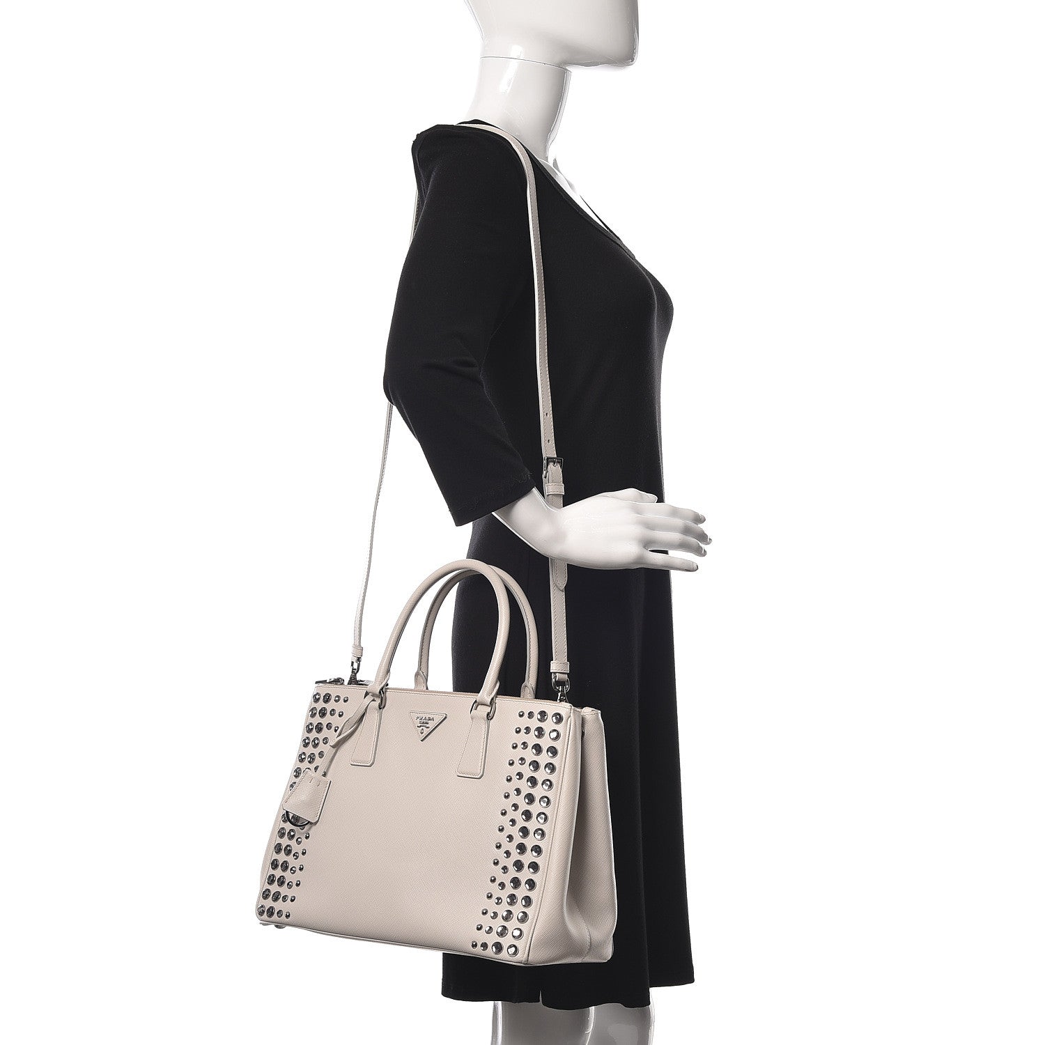 Prada Saffiano Lux Studded Crystal Medium Galleria Double Zip Tote Talco 2 of 12