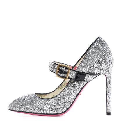 Gucci Calfskin Glitter Slyvie Mary Jane Pumps 37.5 Argento 1 of 8
