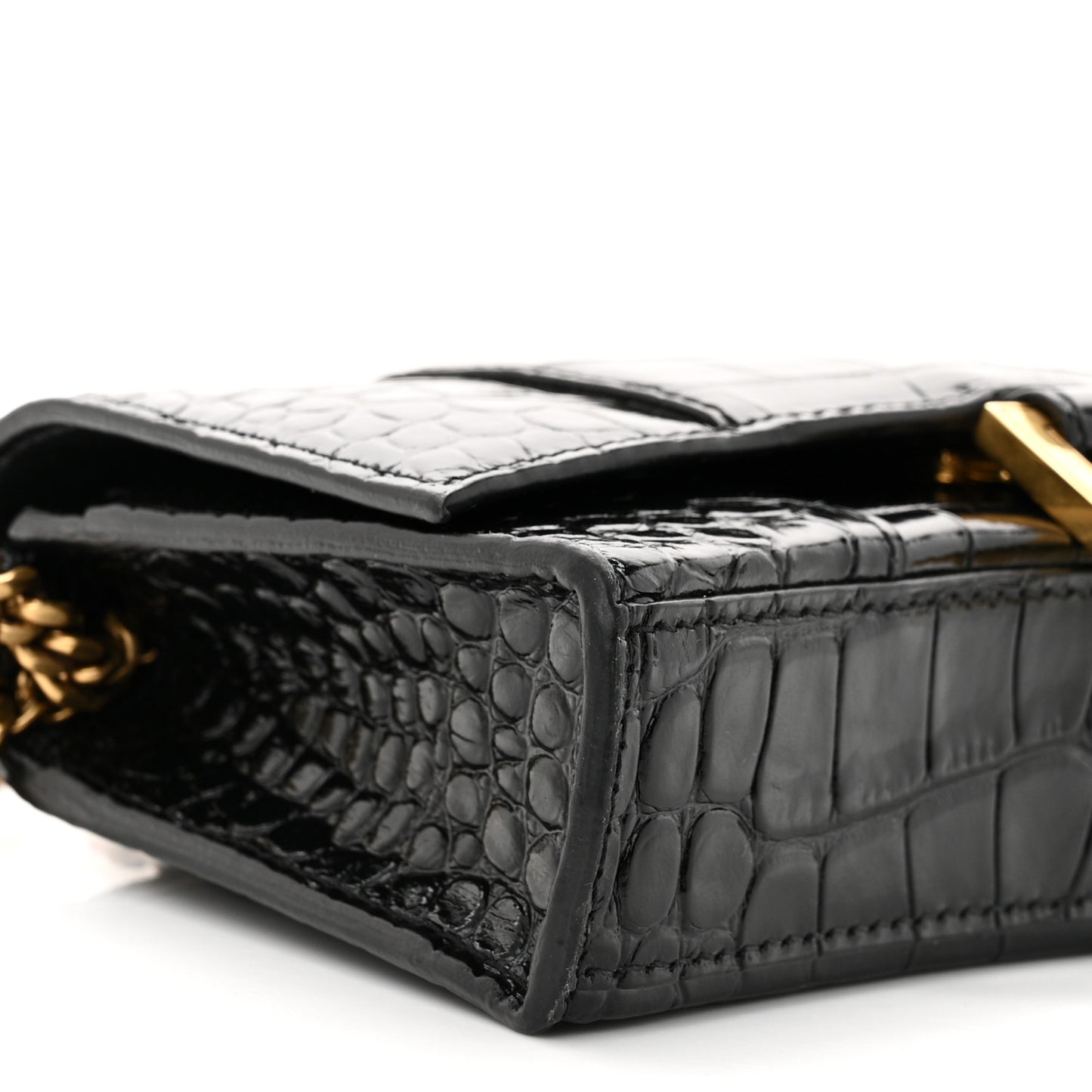 Shiny Calfskin Crocodile Embossed Hourglass Chain Bag Black