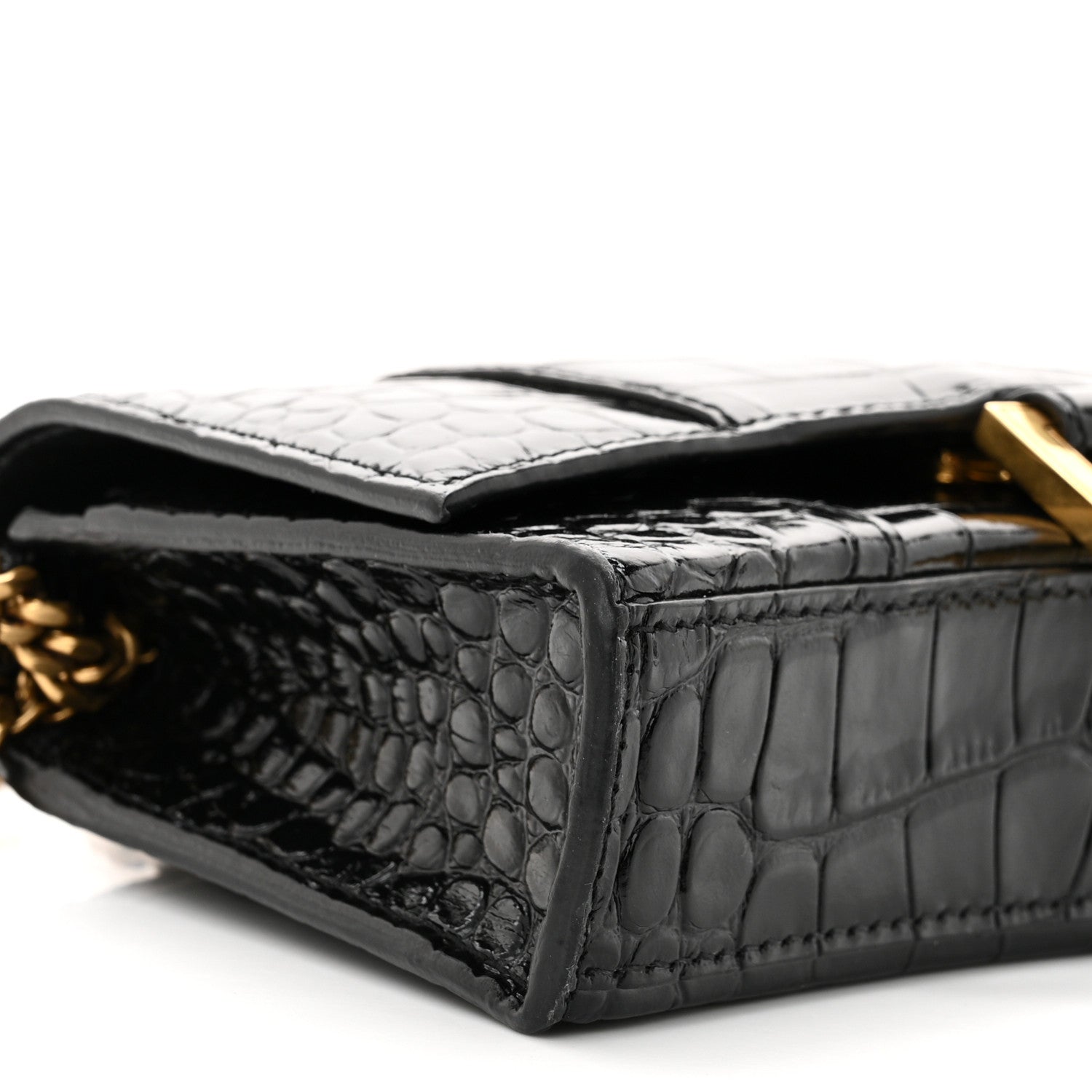 Balenciaga Shiny Calfskin Crocodile Embossed Hourglass Chain Bag Black 8 of 10