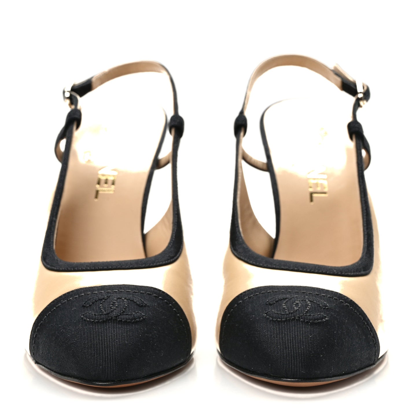 Lambskin Grosgrain Cap Toe CC Slingback Pumps 39 Beige Black