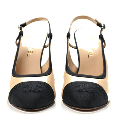Chanel Lambskin Grosgrain Cap Toe CC Slingback Pumps 39 Beige Black 2 of 9