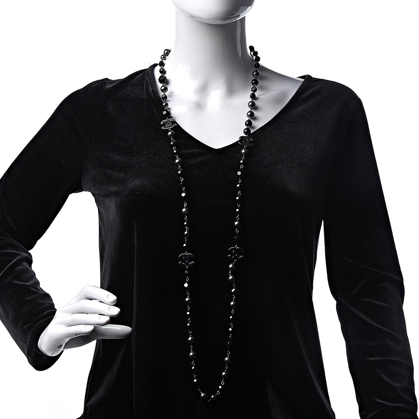 Ruthenium Pearl Beaded CC Long Necklace Black
