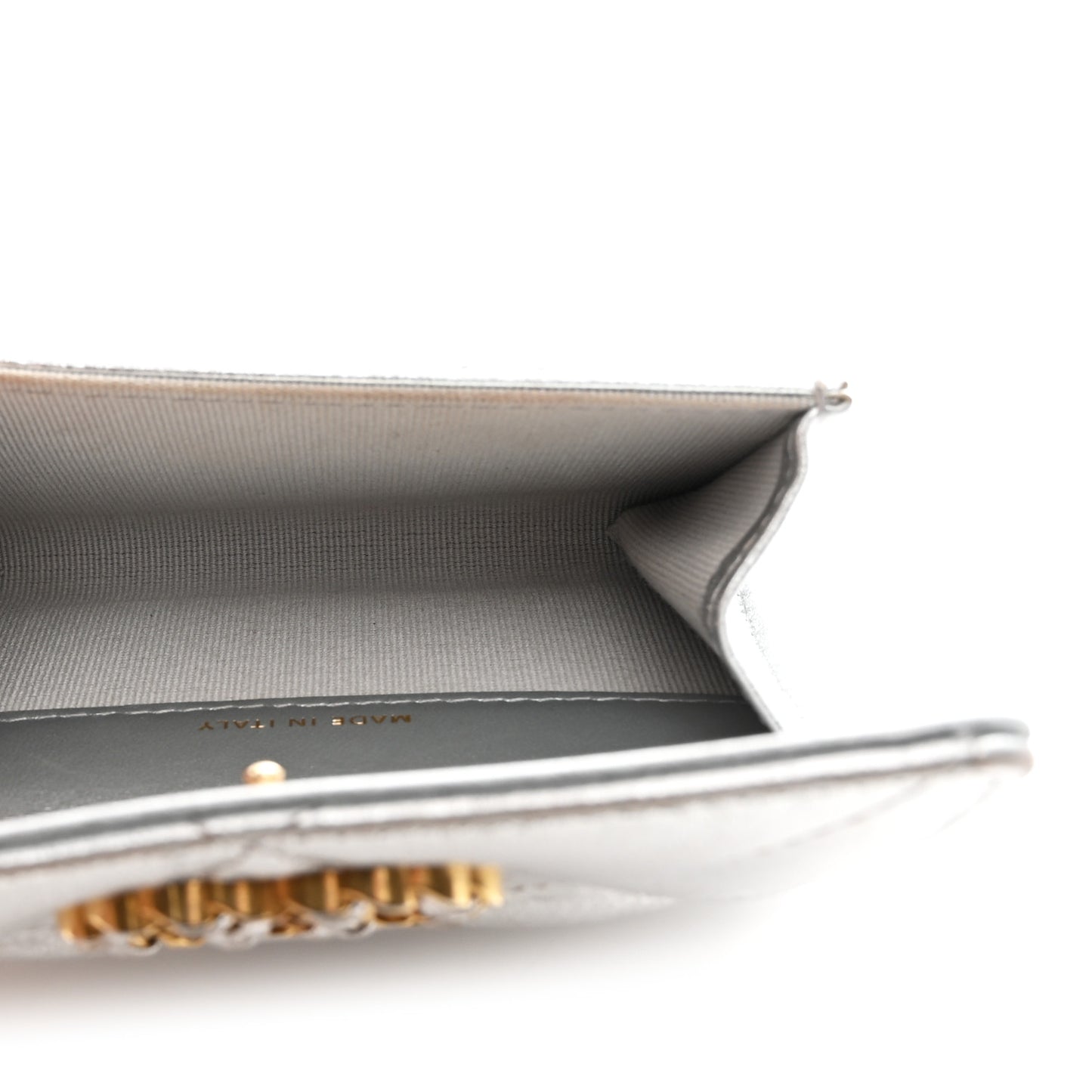 Metallic Goatskin Quilted Chanel 19 Flap Card Holder Silver