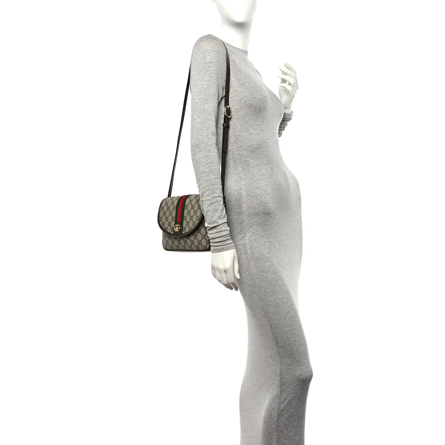 GG Supreme Monogram Textured Dollar Calfskin Web Studded Mini Ophidia Flap Shoulder Bag Beige Ebony New Acero