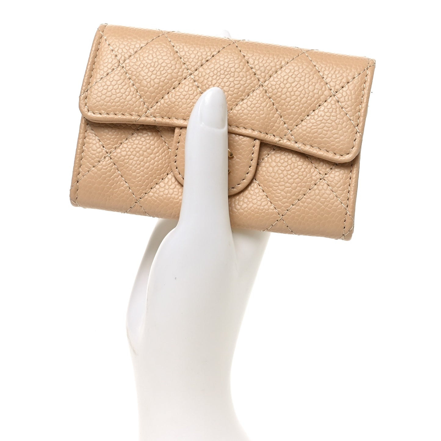 Caviar Quilted Flap Card Holder Wallet Beige