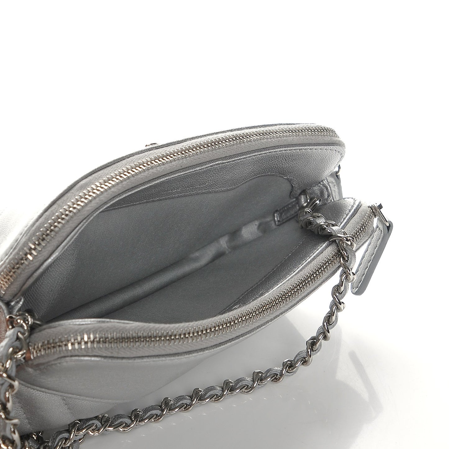 Metallic Sheepskin Chevron Quilted Small Clutch With Chain Silver