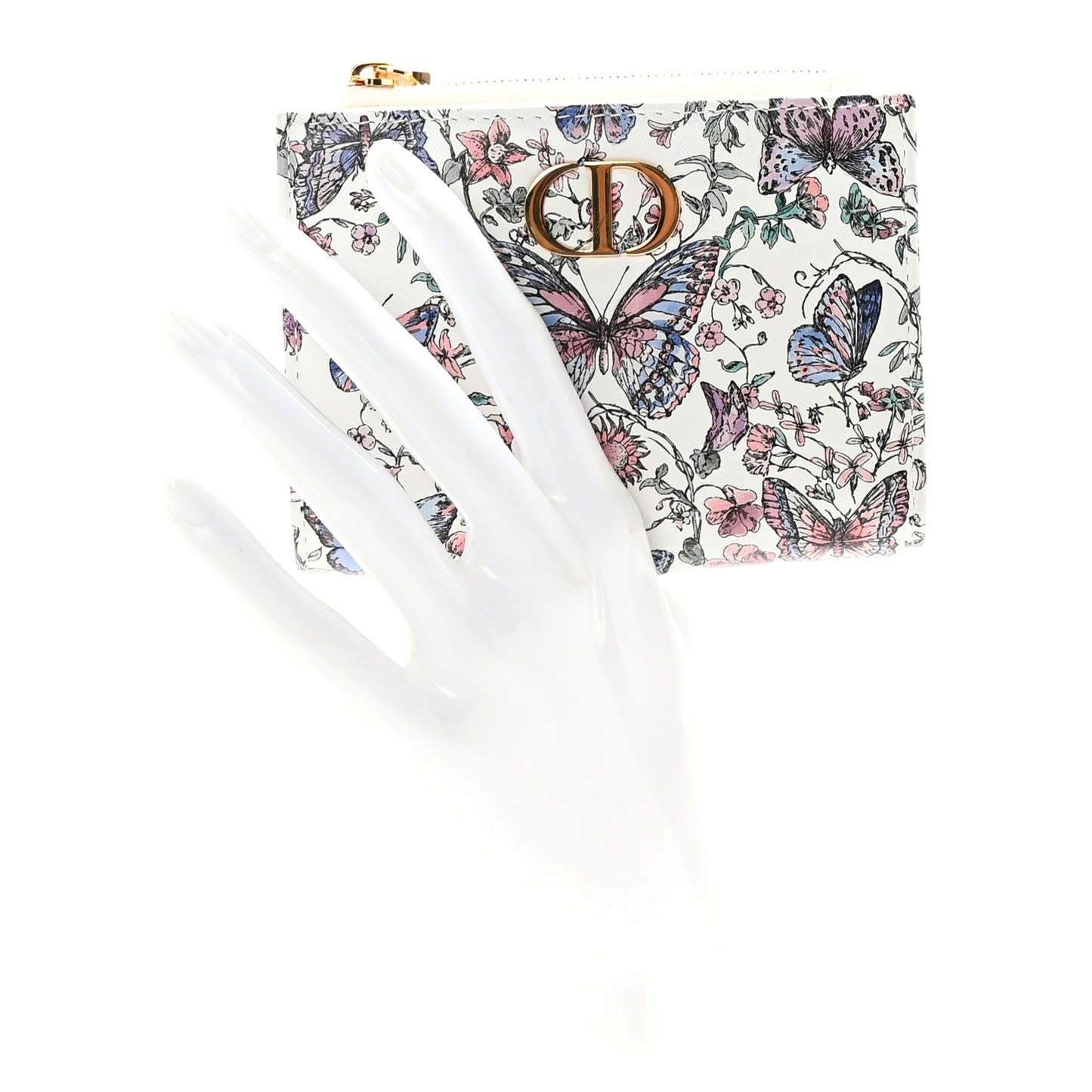 Calfskin Butterfly Printed Caro Medium Wallet White Multicolor