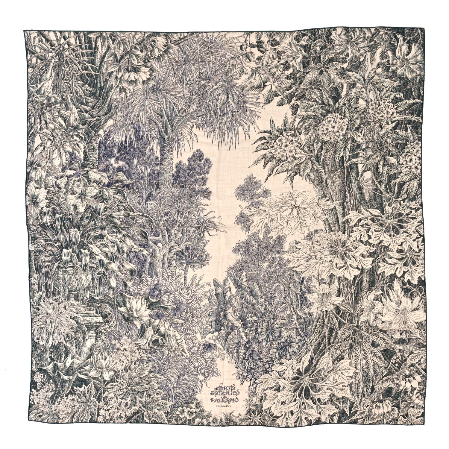 Hermes Cashmere Silk All 'Orto Botanico Di Palermo Shawl 140 Vert Loden Naturel Encre 1 of 3