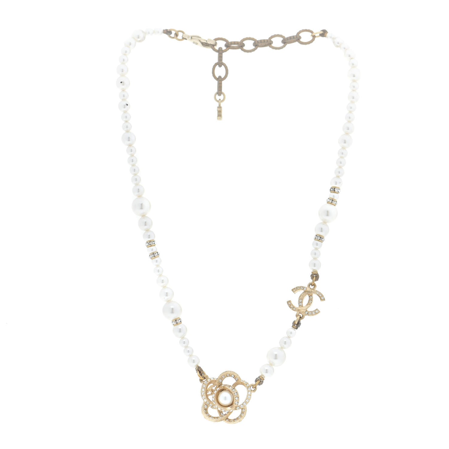 Chanel Pearl Crystal Camellia CC Necklace Gold 3 of 6