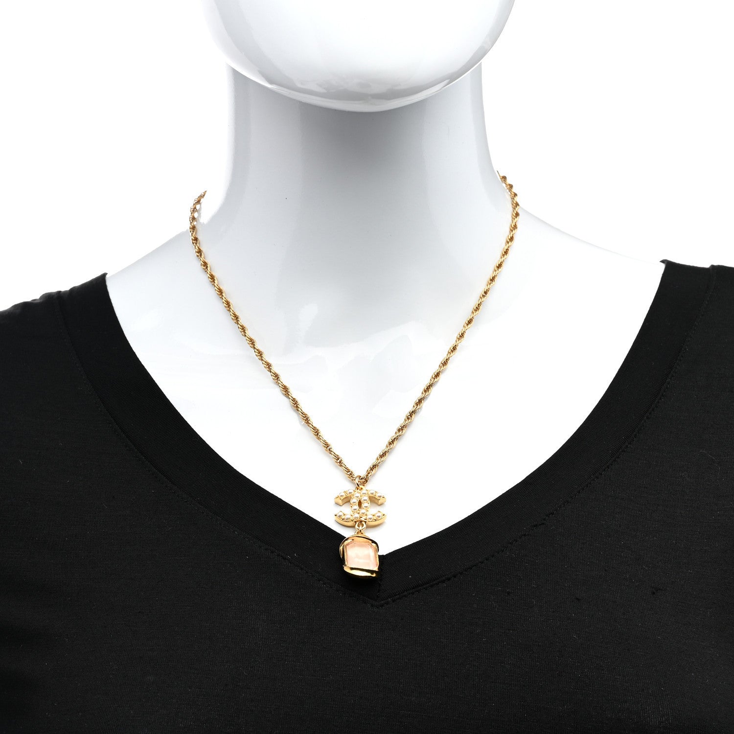 Chanel Pearl Crystal CC Pendant Necklace Gold Pink Pearly White 1 of 5