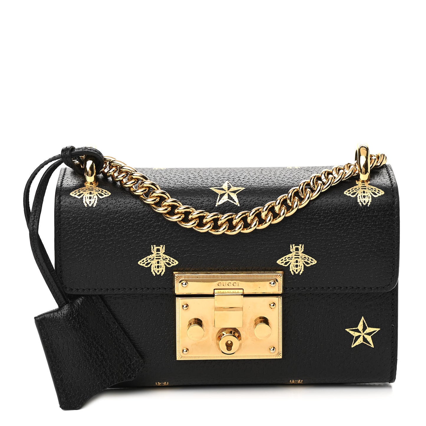 Grained Calfskin Bee Star Small Padlock Shoulder Bag Black