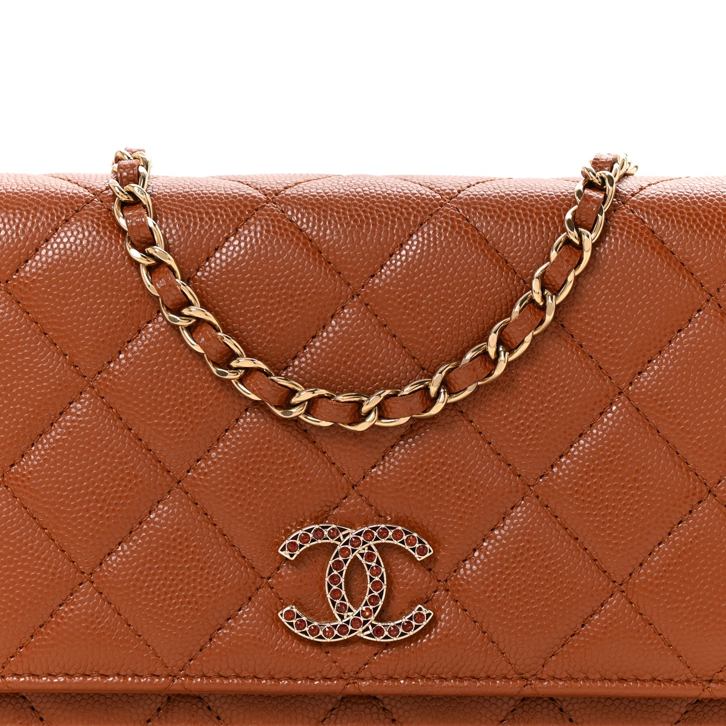 Shiny Caviar Quilted Strass Wallet On Chain WOC Light Brown