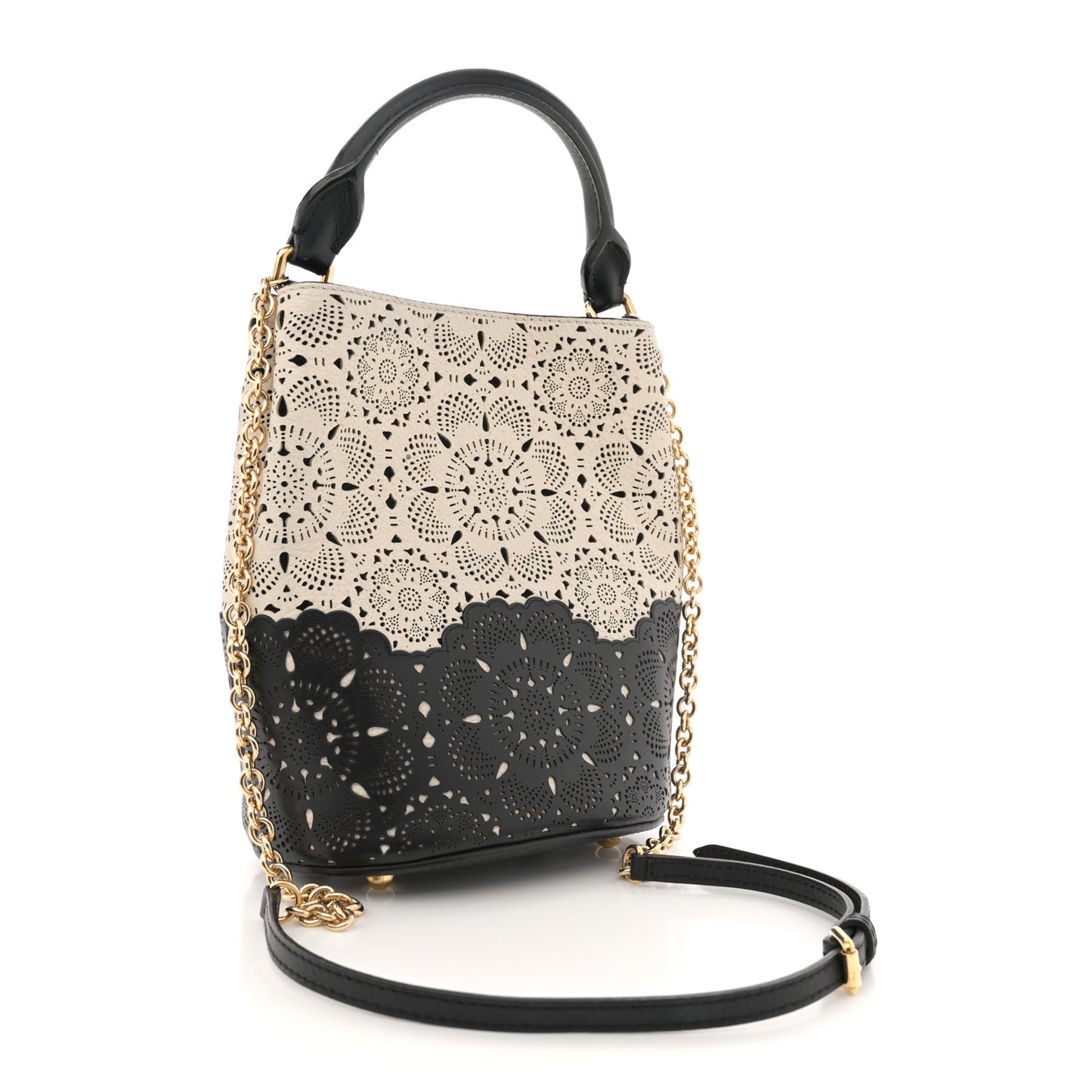 Prorsom Calfskin Laser Cut Lace Orchard Bucket Bag Black White