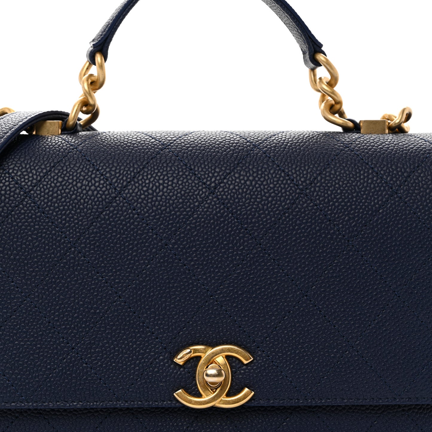Grained Calfskin Small Stitched Flap Navy Blue