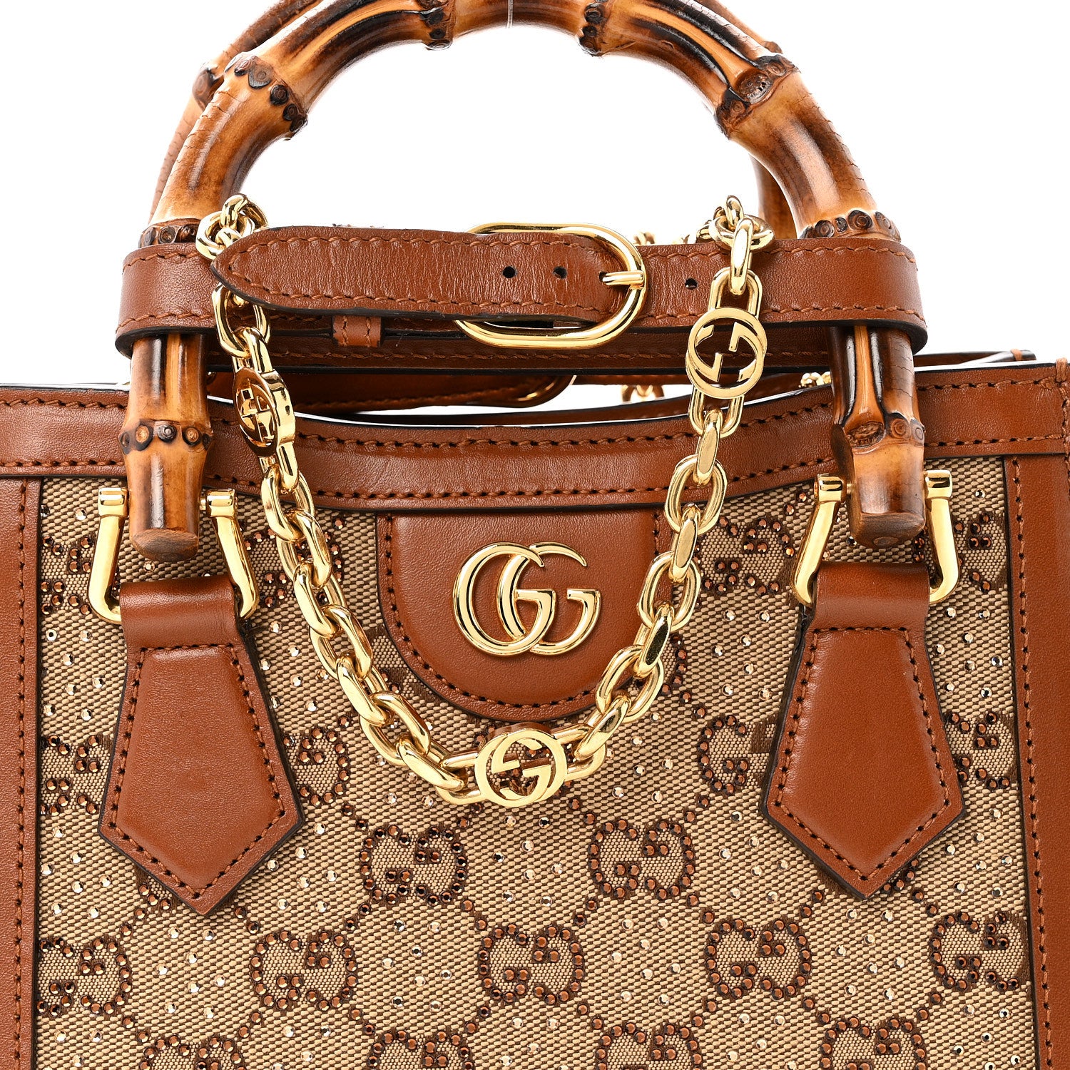 Gucci New Canvas Charisma Calfskin Crystal GG Monogram Mini Diana Tote Bag Camel Ebony 7 of 13