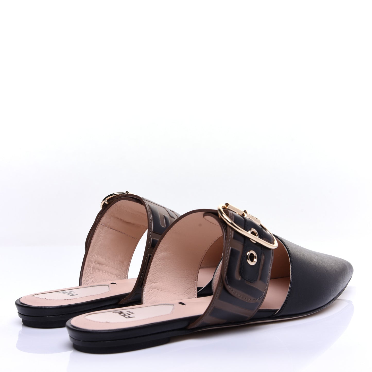 Vitello FF Embossed Buckle Flat Mules 35.5 Maya Black