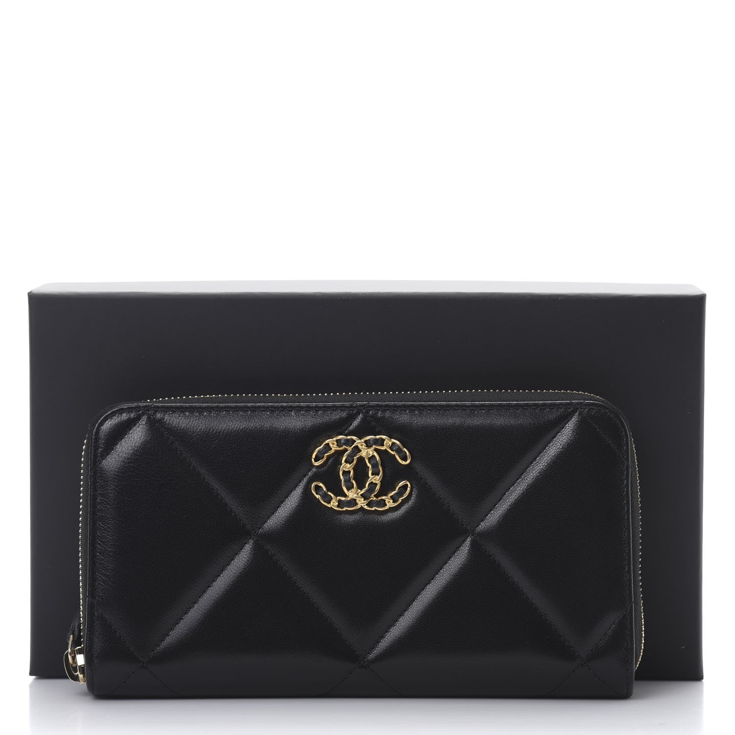 Chanel Shiny Goatskin Quilted Chanel 19 Long Zipped Around Wallet Black 9 of 9